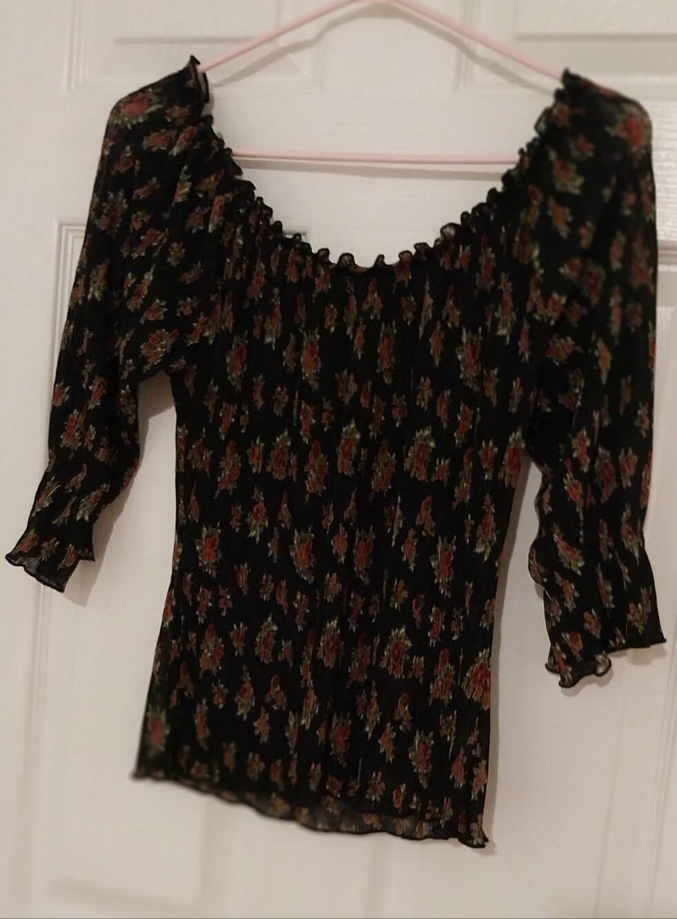 Women’s Black Floral Smocked Peasant Top